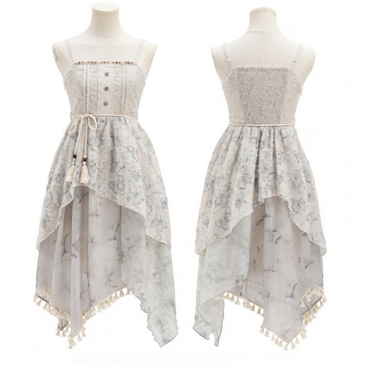 Cheongsam Style Gray Jacquard Asymmetrical Tassel Hem Mori Kei Slip Dress