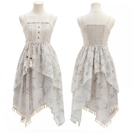 Cheongsam Style Gray Jacquard Asymmetrical Tassel Hem Mori Kei Slip Dress