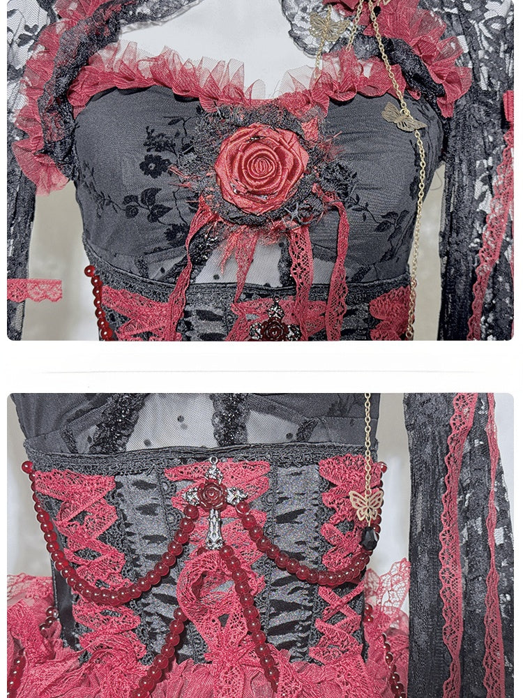 Black&Red Gothic Set- Cami Top+Lace Bell Sleeves Bolero+ Lace-up Detail Beaded Chain Tiered Skirt