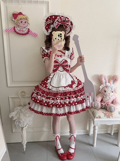 White Polka Dots Red Square Neckline Lolita Short Sleeves Dress with Apron