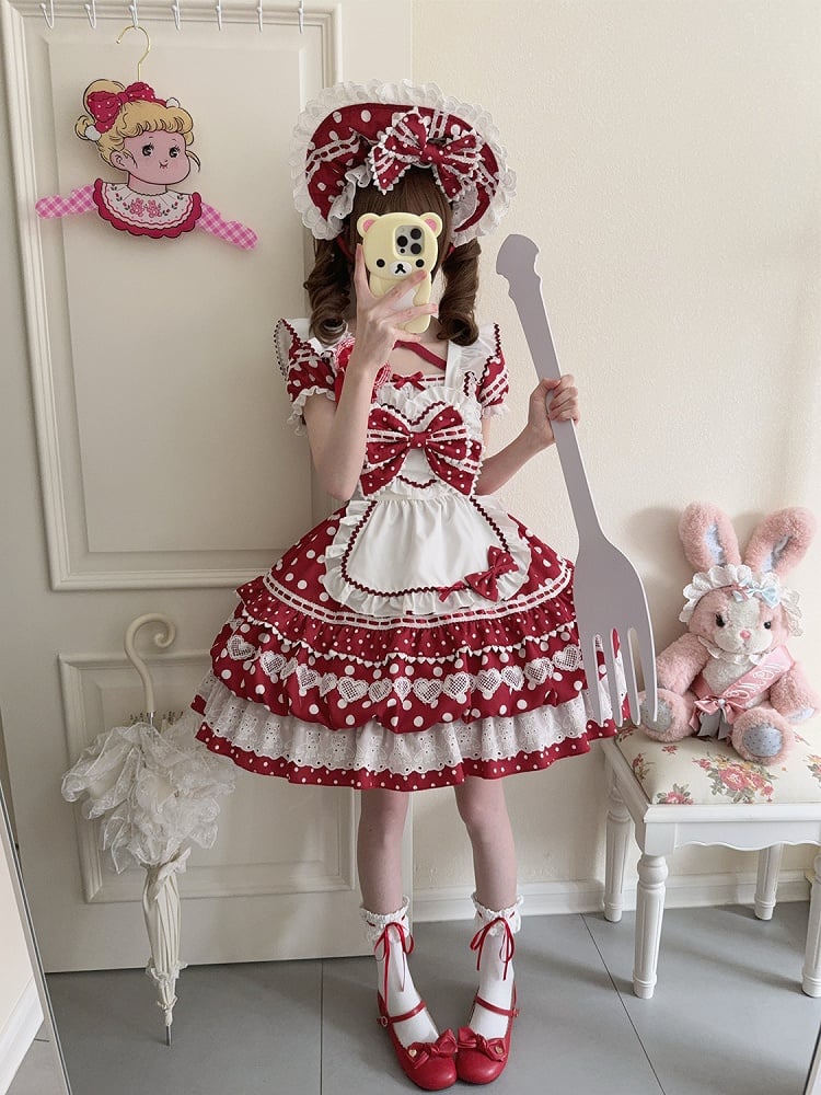 White Polka Dots Red Square Neckline Lolita Short Sleeves Dress with Apron