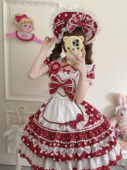 White Polka Dots Red Square Neckline Lolita Short Sleeves Dress with Apron