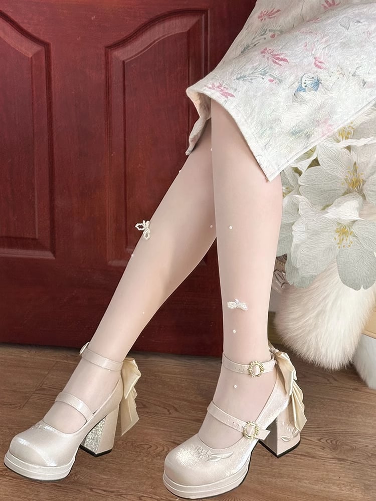 Champagne Detachable Bowknot Lily of the Valley Embroidery Middle Heels Mary Janes