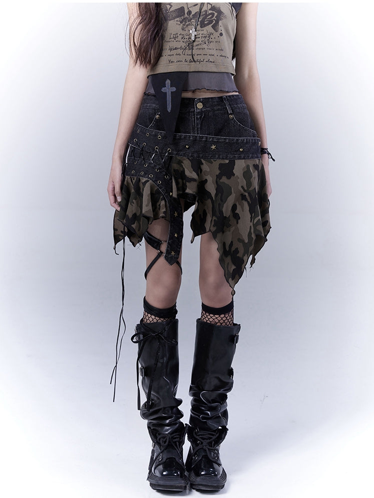 Camo Handkerchief Hem Low Waist Lace-up Detail Distressed Denim Skort