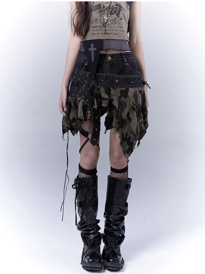 Camo Handkerchief Hem Low Waist Lace-up Detail Distressed Denim Skort