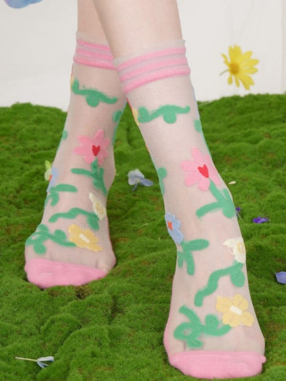 Pink/Blue/Beige Floral Pattern Semi-sheer Calf Socks
