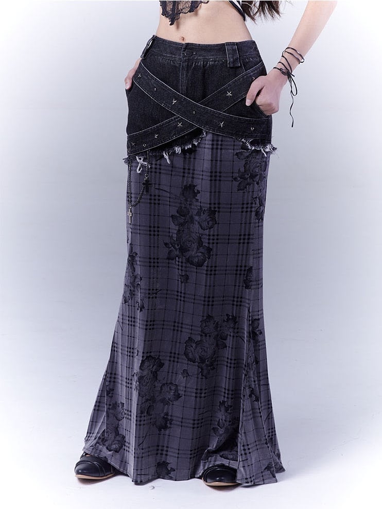 Black Low Waist Criss-cross Studded Strap Plaid Rose Mermaid Skirt