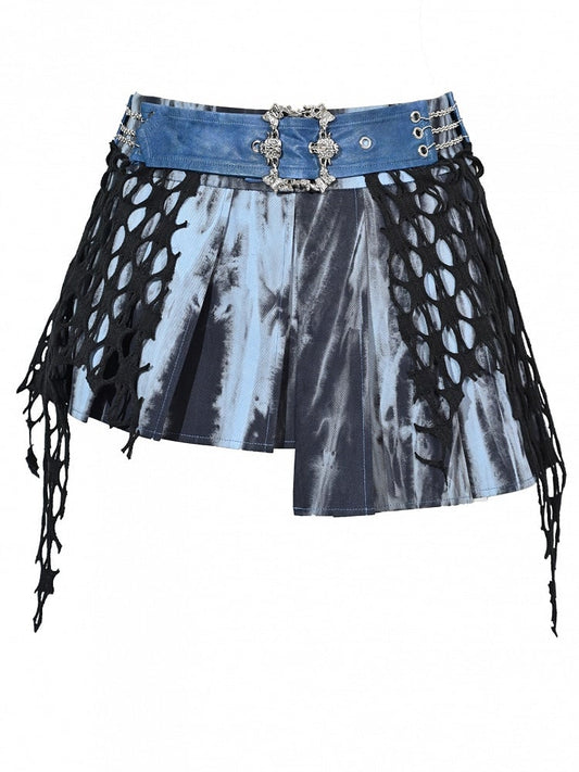 Grunge Punk Rock Fairy Style Blue Asymmetrical Hem Tie Dye PU Pleated Skirt with Free Chain Belt