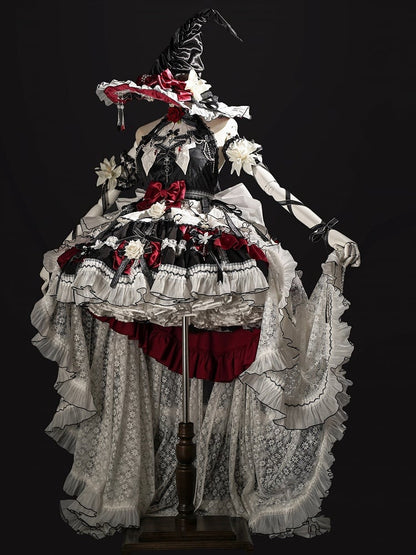 Black and Red Halter Neck Little Witch Lolita Backless Dress + High-low Skirt Full Set