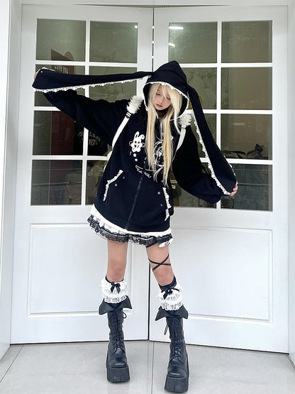 Black Jirai Kei Hoodie with Anime Girl Print and Bunny Ear Design