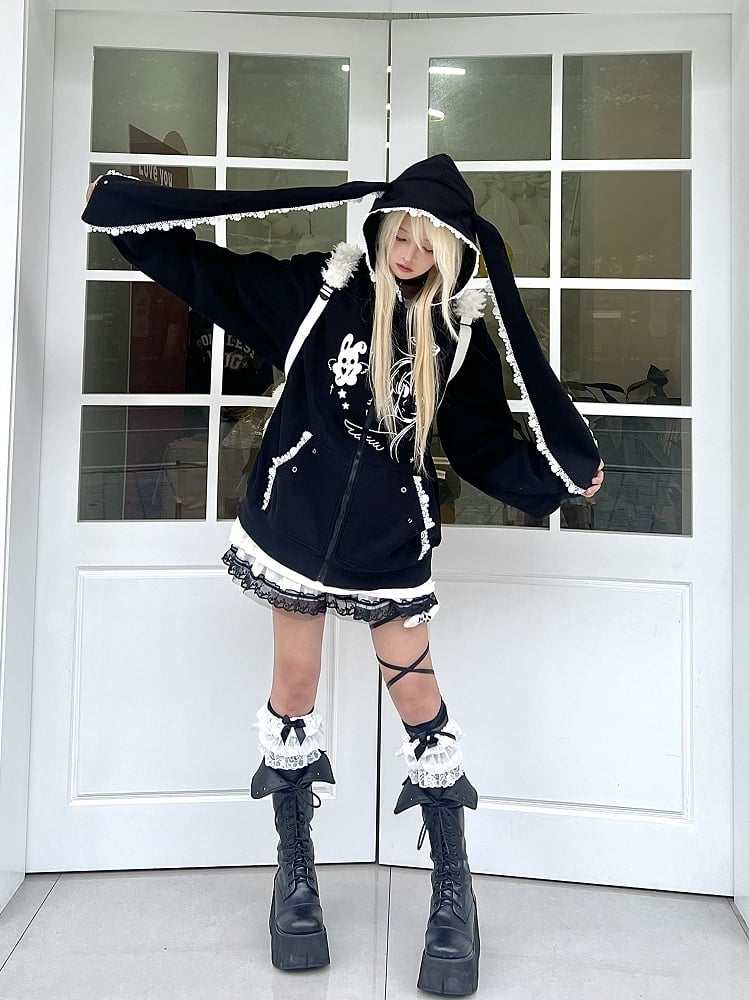 Black Jirai Kei Hoodie with Anime Girl Print and Bunny Ear Design