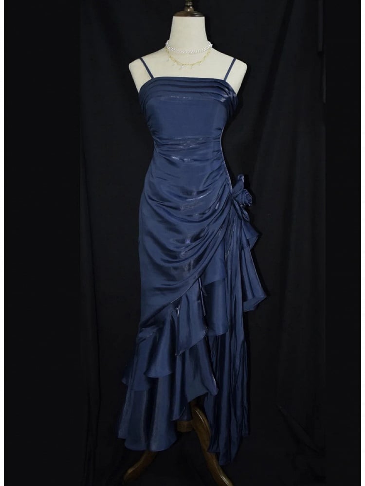 Dark Blue Vintage Floral Elegant Dress Asymmetrical Hem Prom Gown