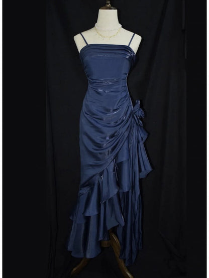 Dark Blue Vintage Floral Elegant Dress Asymmetrical Hem Prom Gown