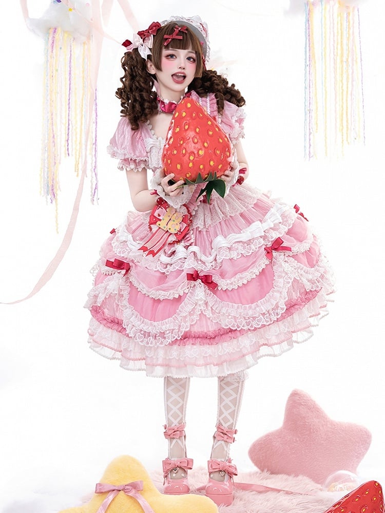 Clearance-Size XXL for Bust 100CM Pink Strawberry Cake Short Puff Sleeves Sweet Lolita Birthday Dress