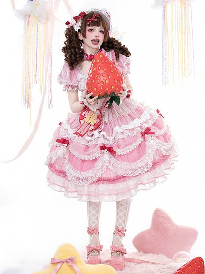 Clearance-Size XXL for Bust 100CM Pink Strawberry Cake Short Puff Sleeves Sweet Lolita Birthday Dress