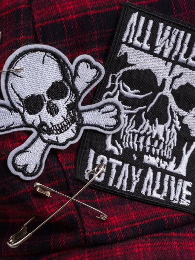 Red And Black Plaid Pattern With Skull Applique Beret