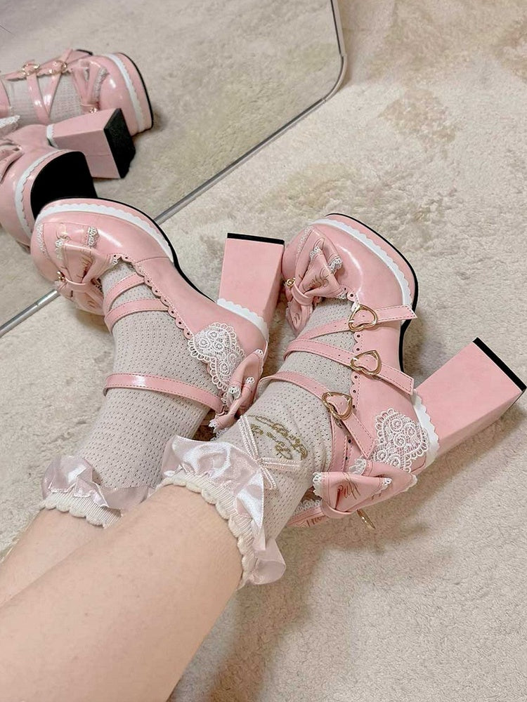 Pink Crisscross Design Heart Buckles Detachable Bow at Top High Block Heels