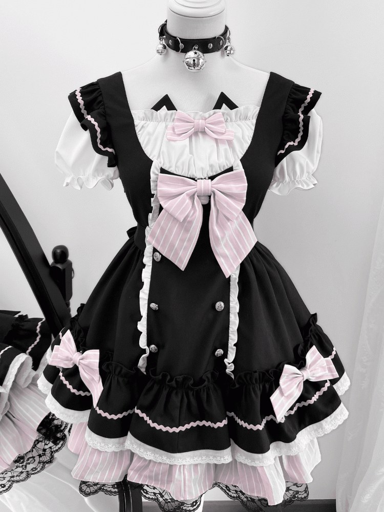 Kitty Ears Design Neckline Black and Pink Sweet Lolita One Piece with Detachable Bowknots