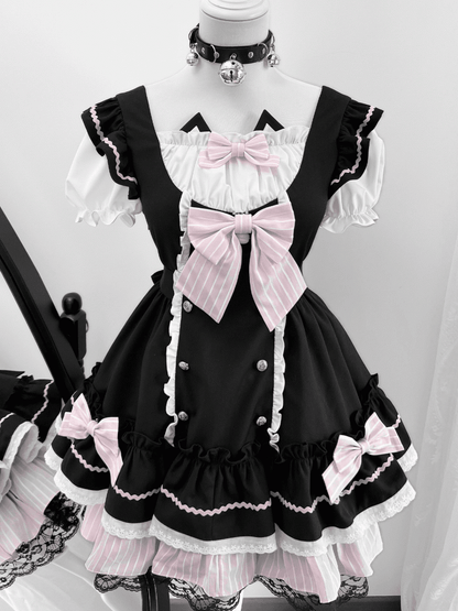 Kitty Ears Design Neckline Black and Pink Sweet Lolita One Piece with Detachable Bowknots