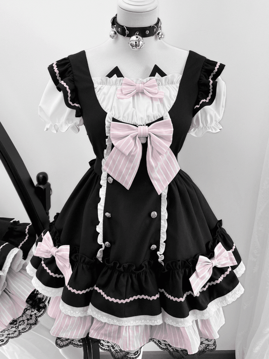 Kitty Ears Design Neckline Black and Pink Sweet Lolita One Piece with Detachable Bowknots