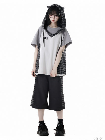 Clearance-Size M for Waist 66CM Black Plaid Zip Cuffs Techwear Two Ways Wear Pants/Shorts with Snap Belt