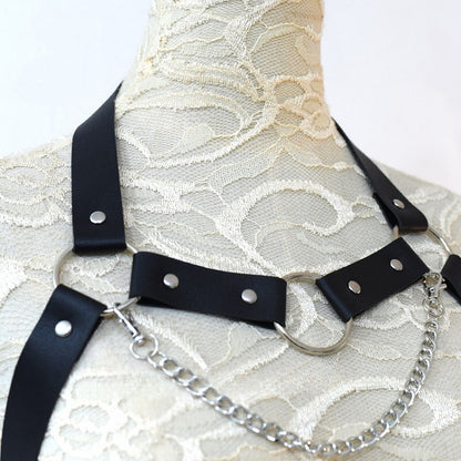 Black Cyberpunk PU Strap Chain Harness