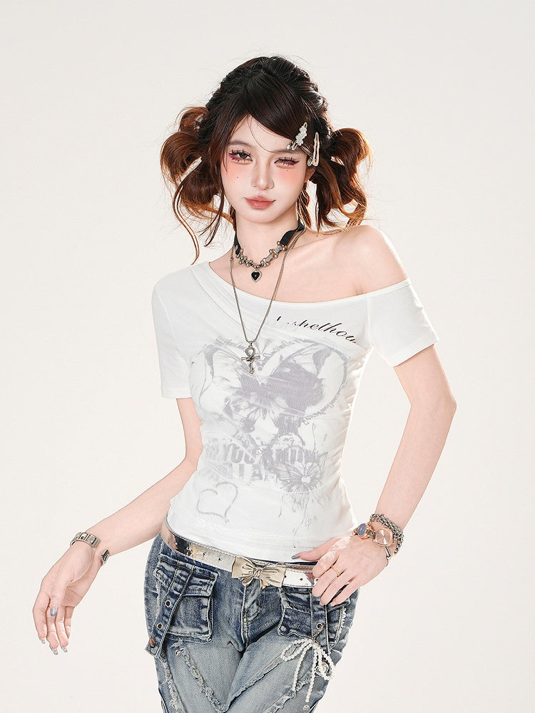 Asymmetrical Neckline Butterfly Print White/Pink Slim-fitting T-shirt