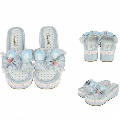 Blue Sweet Lolita Bow Accents Lace Trim Plush Bunny Ear Platform Slippers