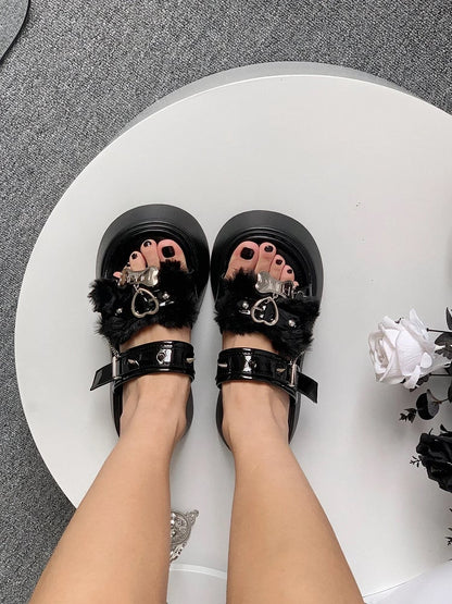 Bone Design Studs Decorated Black Punk Platform Slippers