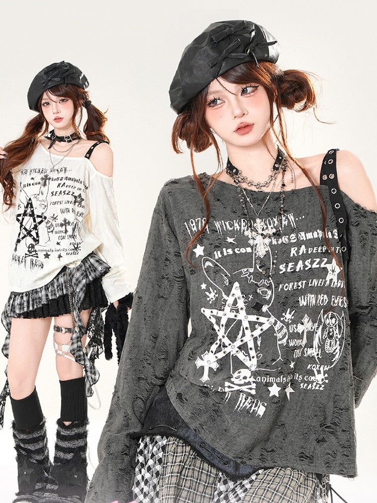 Asymmetrical Neckline Distressed Holes Black/White Graphic Coverup