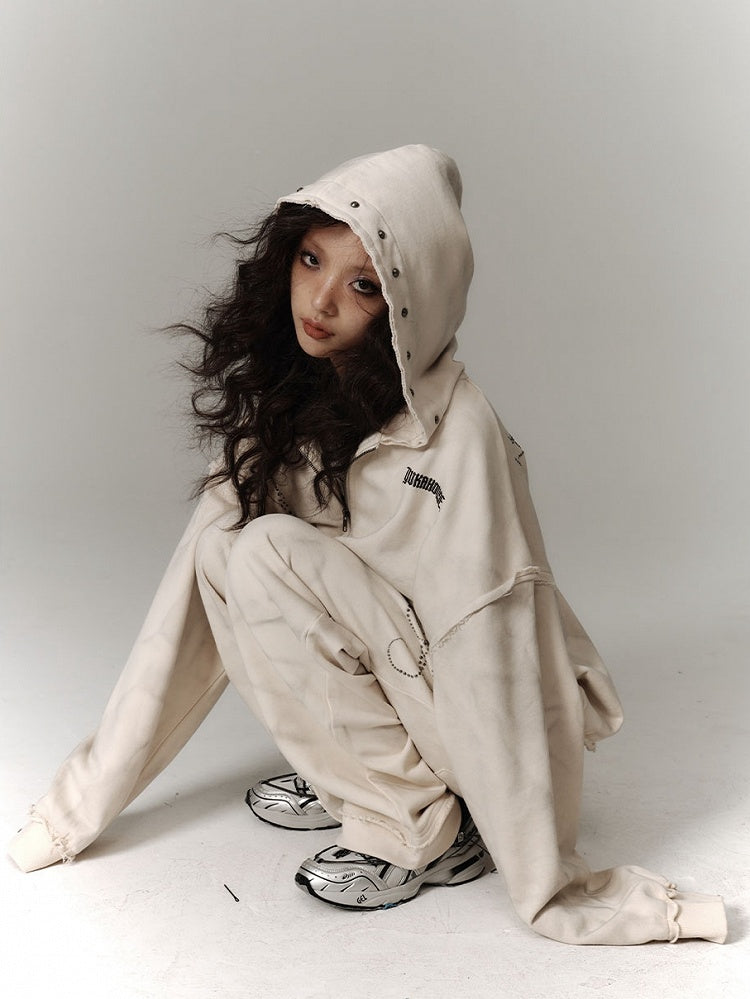 Wasteland Punk Studs Design Beige Washed Loose Casual Zip Hoodie