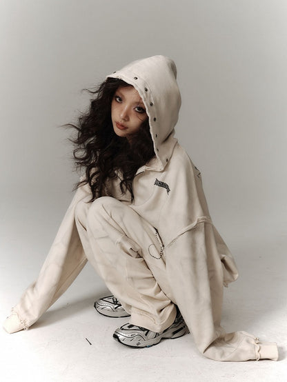 Wasteland Punk Studs Design Beige Washed Loose Casual Zip Hoodie