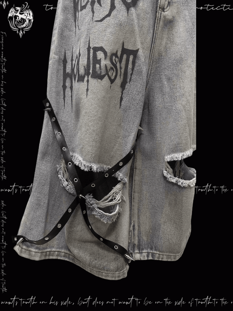 Y2K Blue Criss-cross Straps Design Distressed Holes Punk Jeans