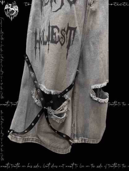 Y2K Blue Criss-cross Straps Design Distressed Holes Punk Jeans