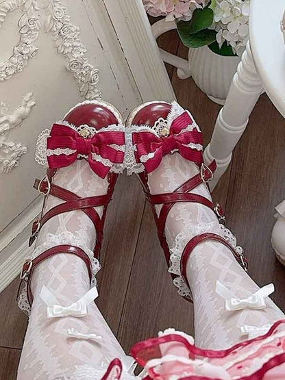 Red Bow at Top Crisscross Design Heart Buckles Lace Trim Platforms