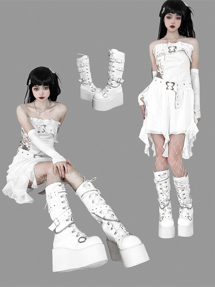 Studs Chains Metal Punk Matte White Platform Boots
