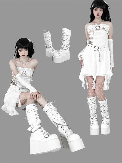 Studs Chains Metal Punk Matte White Platform Boots