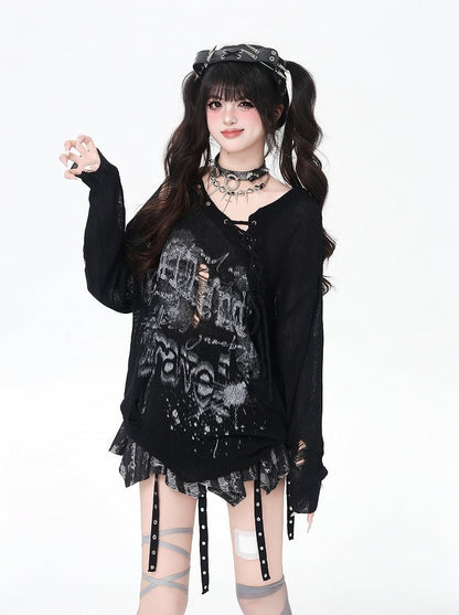 Lace-up Neckline Ink-jet Print Black/Apricot Distressed Holes Knit Coverup