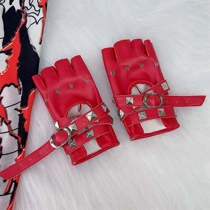 Punk Studs Crisscross Straps PU Half Finger Gloves 5 Color Options