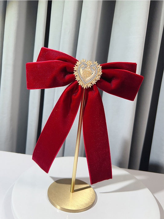 Red/Black/Green Bow Tie With Detachable Rhinestone Heart Brooch