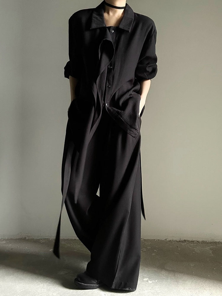 Ouji Lolita Black Retro Loose Pointed Collar Shirt with Long Draping Ribbon