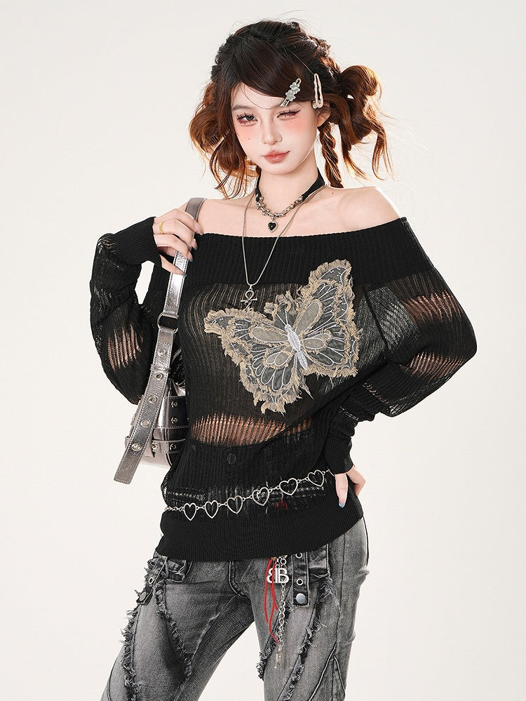 Raw Hem Denim Butterfly Applique Black Off-the-shoulder Neckline Coverup