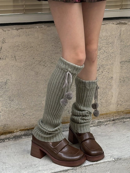 White/Beige/Light Grey/Black 50CM/70CM/90CM Knitted Leg Warmers With Pompons