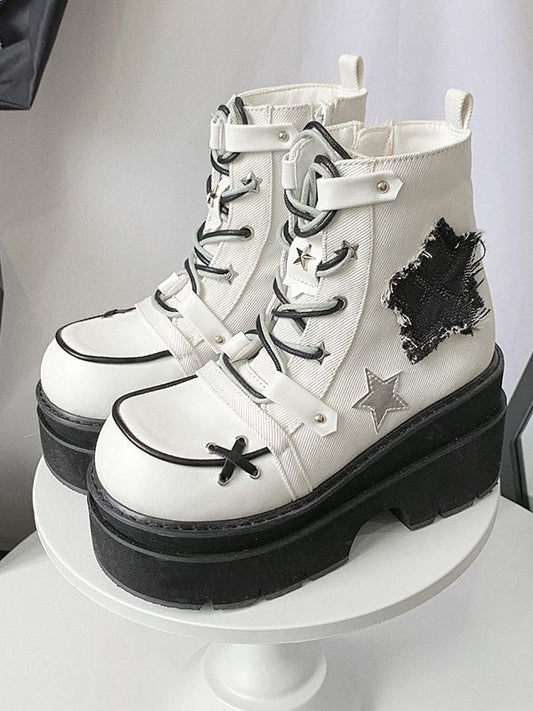 Star Appliques Punk White Denim Platform Ankle Boots