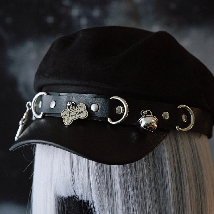 Black Gothic Studs Details Bone And Cross Charm Beret Hat