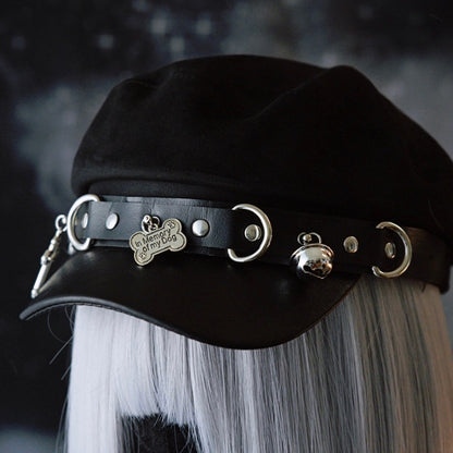 Black Gothic Studs Details Bone And Cross Charm Beret Hat