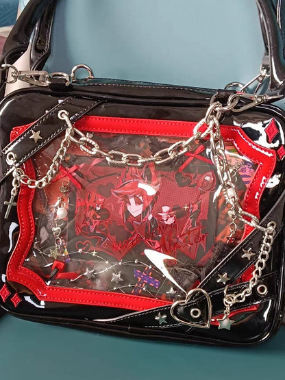 Black & Red Crisscross Strap Ita Shoulder Bag with Cross Charm Chain