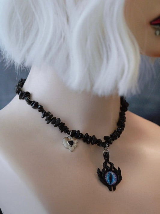 Black Gothic Demon Eye And Heart Pendant Crushed Stone Necklace