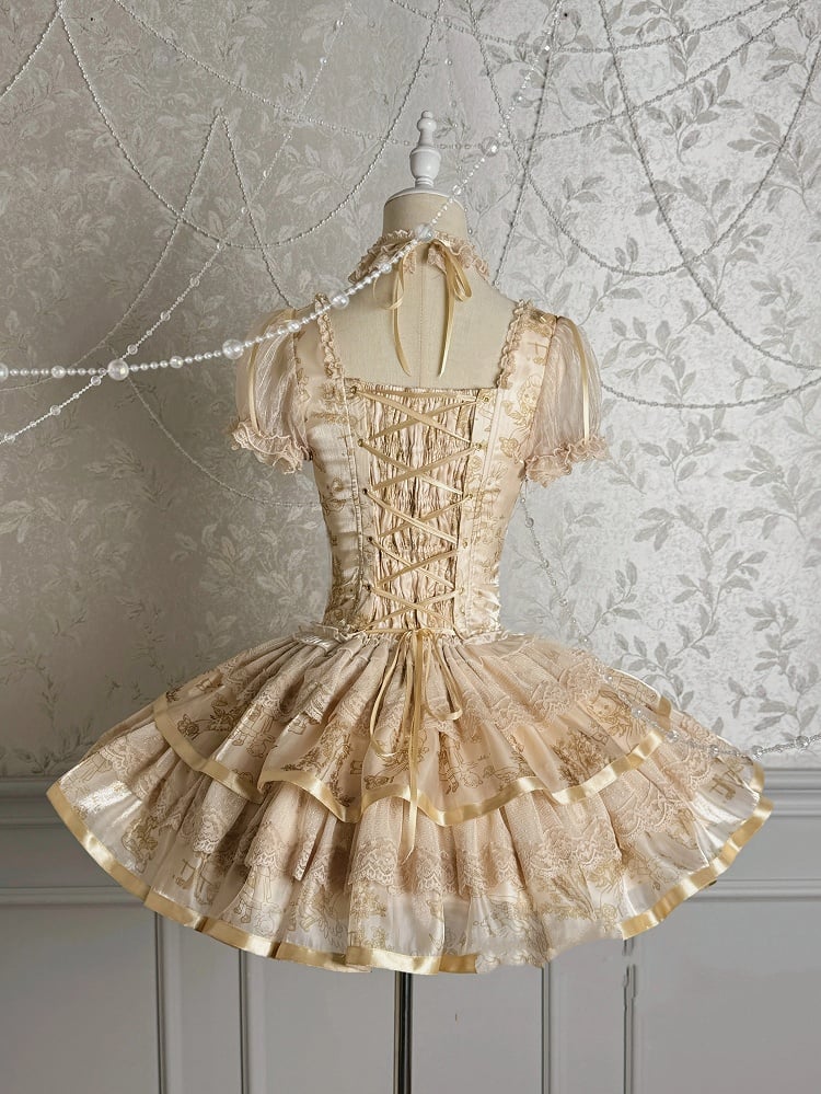 Bunny and Kitty Print Champagne Short Puff Sleeves Lolita Corset Dress