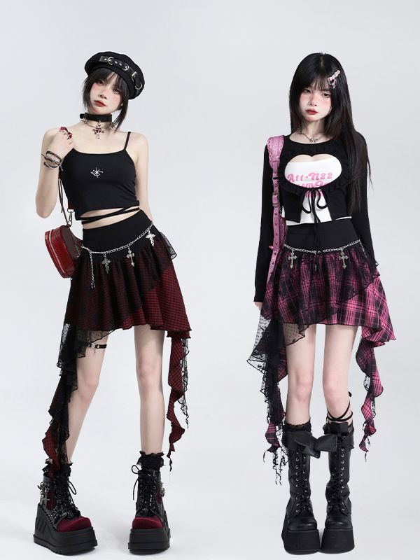 Lace Panel Irregular Hem Plaid Skirt Black and Red/Black and Pink Music Festival Outfits